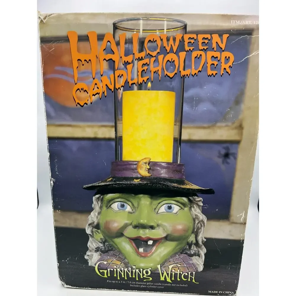 Vintage Halloween Grinning Witch Candle Holder Glass Cylinder Costco New In Box